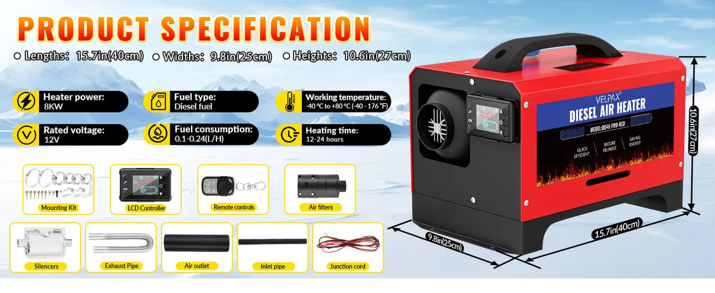 8 kW 12V All-in-One Portable Diesel Air Heater, 0.16–0.52 L/h, Diesel Air Heater 8–36 °C, Adjustable, 15–20 m², Smart LCD Control, 5 L Tank for Boats and Cars