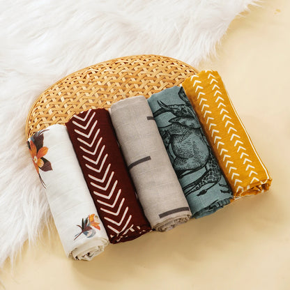 HappyFlute New Print 5Pcs/set 60*60CM Soft Muslin Swaddle Feeding Burp Cloth Newborn Pure Cotton Baby Face&Hand Wash Wipe