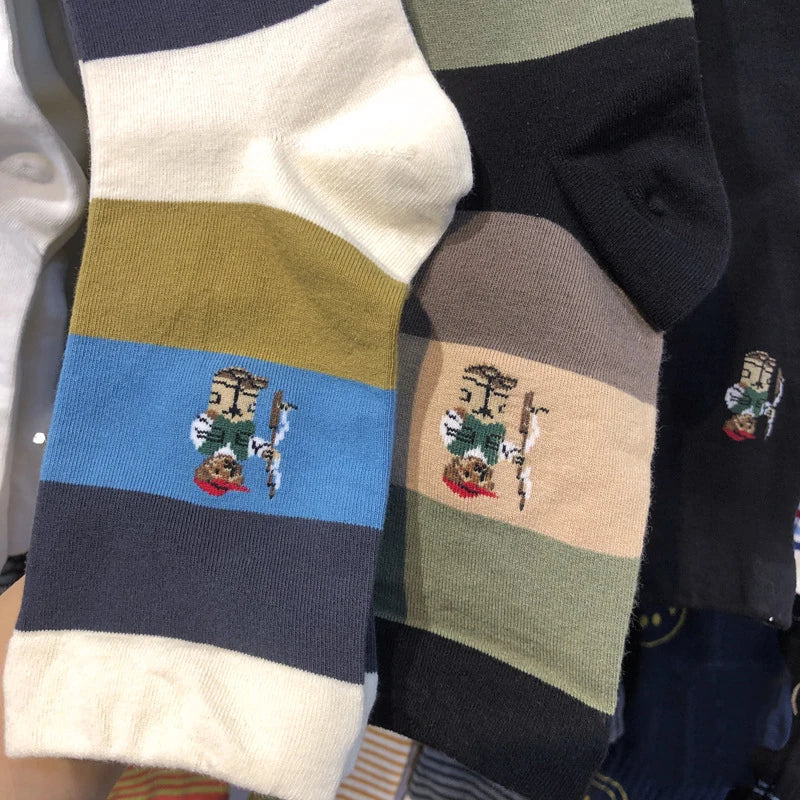 Good Quality Cartoon Gentleman Bear Men's Socks Cotton Harajuku Style Sport Boys Skateboard Novelty Breathable  Christmas Gifts