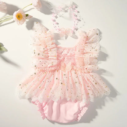Baby Girl Outfit  Newborn Photography Princess Tutu Butterfly Glitter Star Lace Romper with Pearl Headband Infant Photo Props