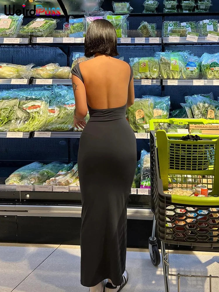 Weird Puss Backless Sexy Women Maxi Dress Short Sleeve Slim Fit Elastic Casual Solid Streetwear Club Party Ladies Summer Bodycon