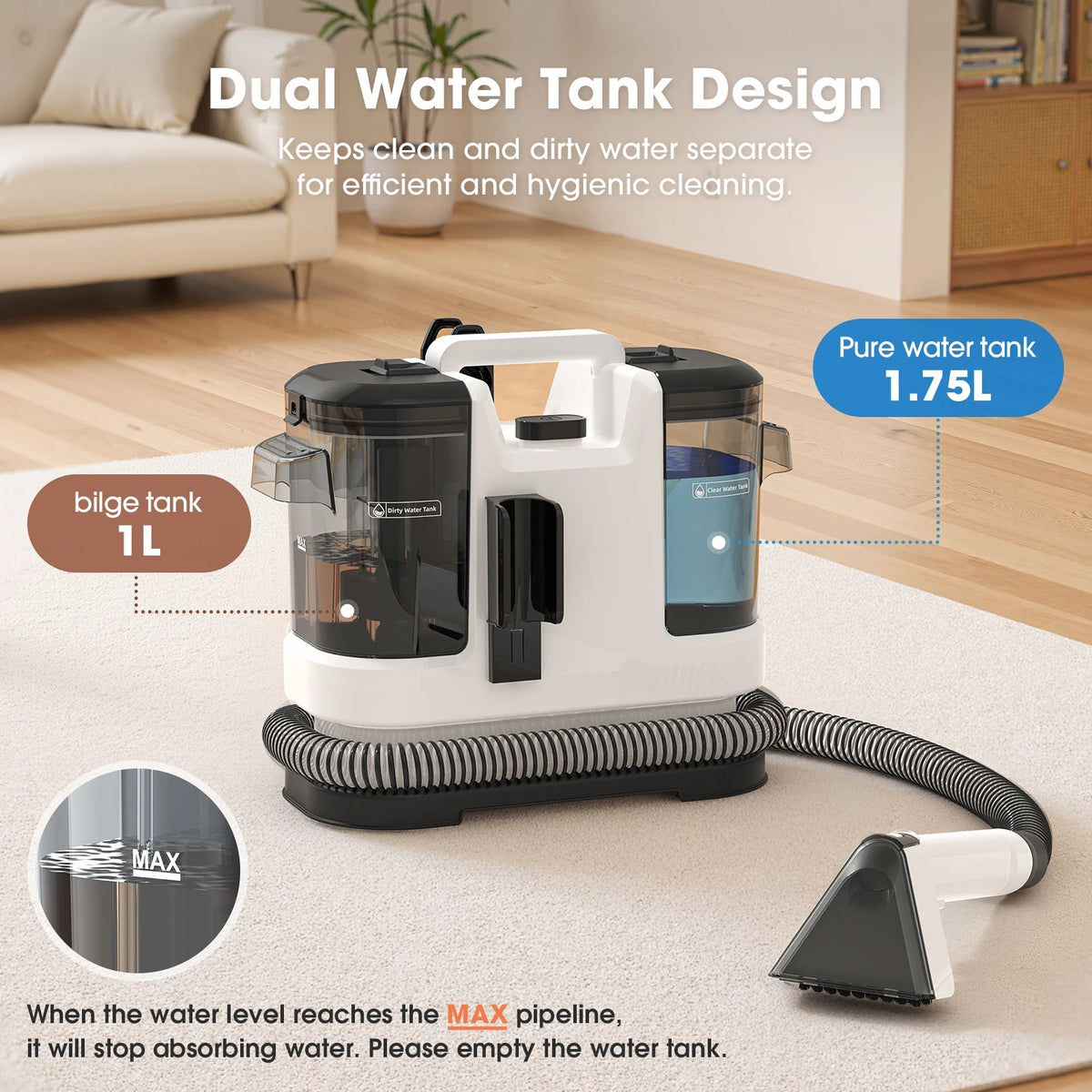 Powerful Carpet Cleaner 13.5 KPa Lubluelu V6 with 1.75L Dual Tanks, 5M Cord 1.7M Hose - Deep Clean Sofa Mattress Car Seat Pet Stains