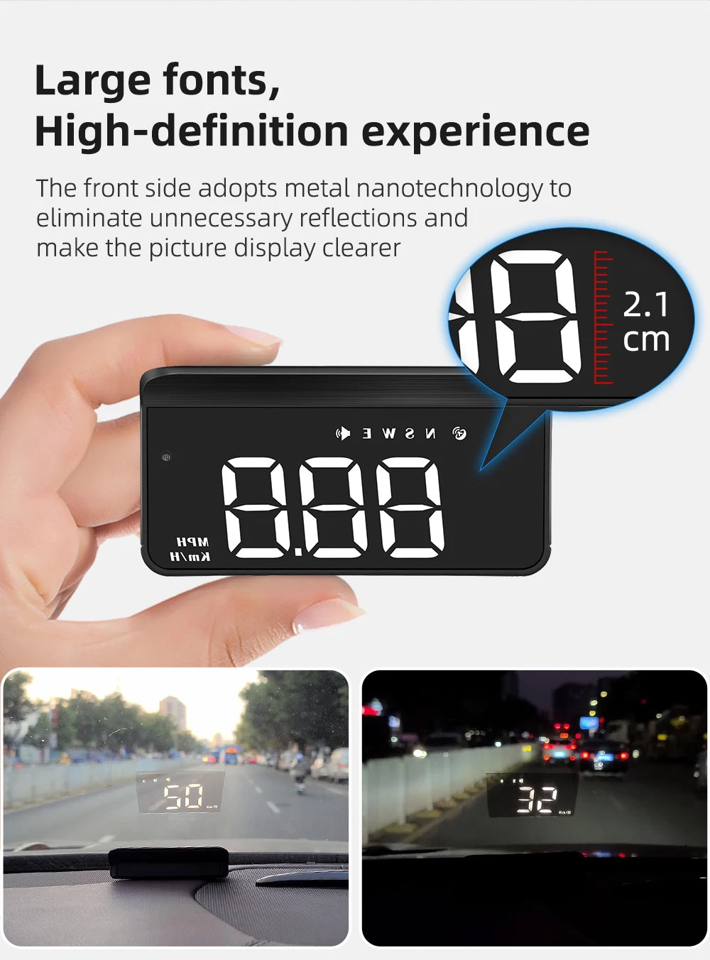 M3 HUD Obd2 Display On-board Computer Car Head-up display Windshield Big Font projection E-OBD and GPS Suitable for All Cars M1