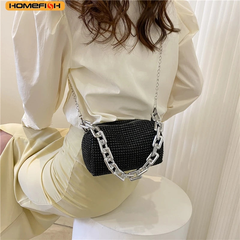 HOMEFISH Sparkling Rhinestone Bucket Bag, Chain Decor Party Clutch Purse, Female Mini Crossbody Bag