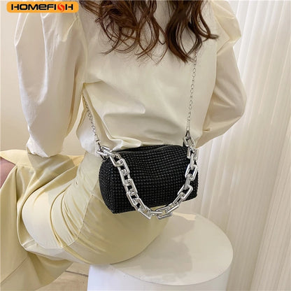 HOMEFISH Sparkling Rhinestone Bucket Bag, Chain Decor Party Clutch Purse, Female Mini Crossbody Bag