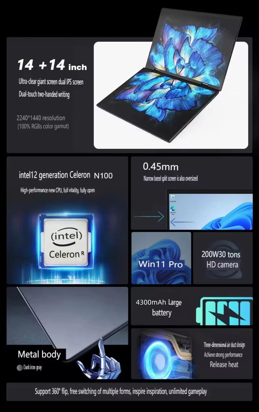 Intel N150 N100 CPU Dual Screen Laptop 14"+14 " 2K Touch Screen Notebook 32GB 360 Degree Flip Metal Case 2 in 1 Laptop Computer