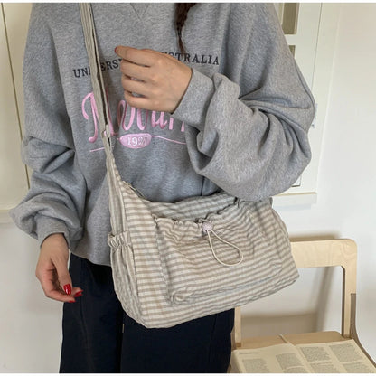 Korean Nylon Shoulder Bag Fashion Simple Plaid Zipper Tote Bag Drawstring Pleated Cloud Bag New Commuter Crossbody Shoulder Bag