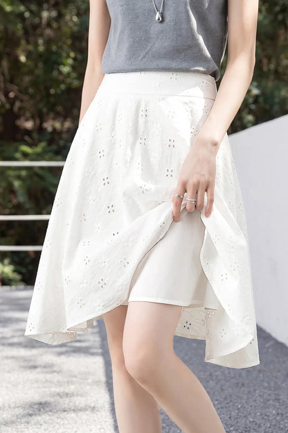 SENTUBILA Women's White Cotton Summer Skirt 2026 Woman Fashion Hollow Embroidery A-Line Short Skirt Female Clothes Q62QG7173