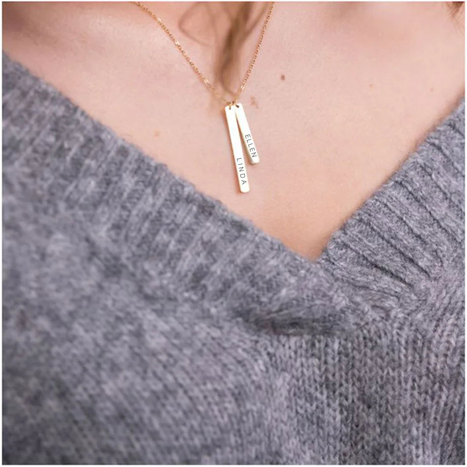 EManco Stainless Steel Long Engraved Necklace Double Pendant Name Personalized Engraved Necklace Birthday Gift