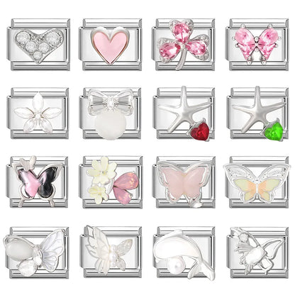 New Shiny Zircon Heart Butterfly Flower Star Bow Italian Charm Links Fit 9MM Stainless Steel Bracelet Girls' DIY Making Gift