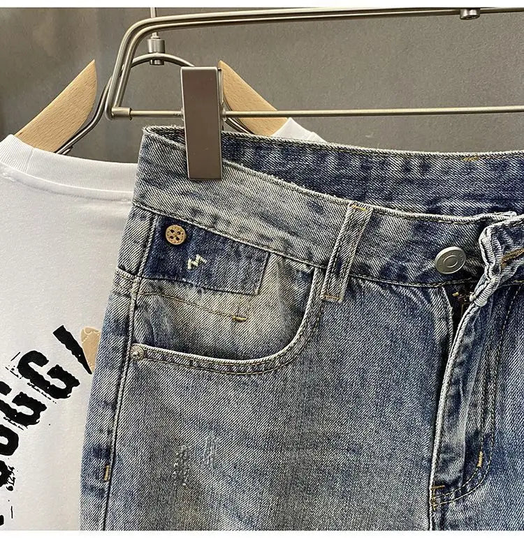 Summer Trendy Brand Handsome Denim Shorts Men's Washed Embroidered Patch Trendy Short Pants Ripped Slim-fit Elastic Middle Pants
