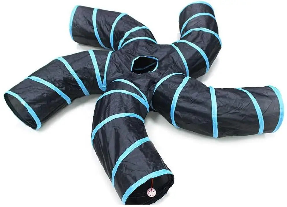 S-Shaped Play Tunnel with 5 Interactive Ways, Crinkle Paper & Peek-Through Holes, Tear-Resistant Polyester Fabric, Spring Steel Frame, Foldable Portable for Cats Rabbits Ferrets, Hiding Chasing Hunting Enrichment Toy, Pet Act