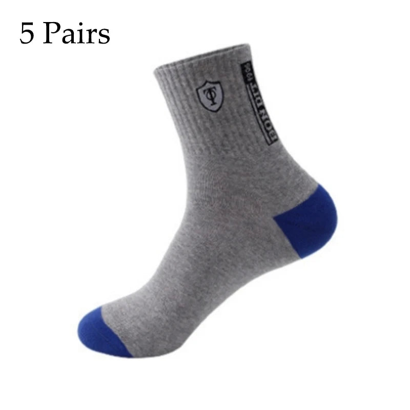 5 Pairs Cotton Sock for Men Sport Breathable Soft Letter Fashion Sneakers High Elastic Middle Tube Stocking Towel Sox Summer