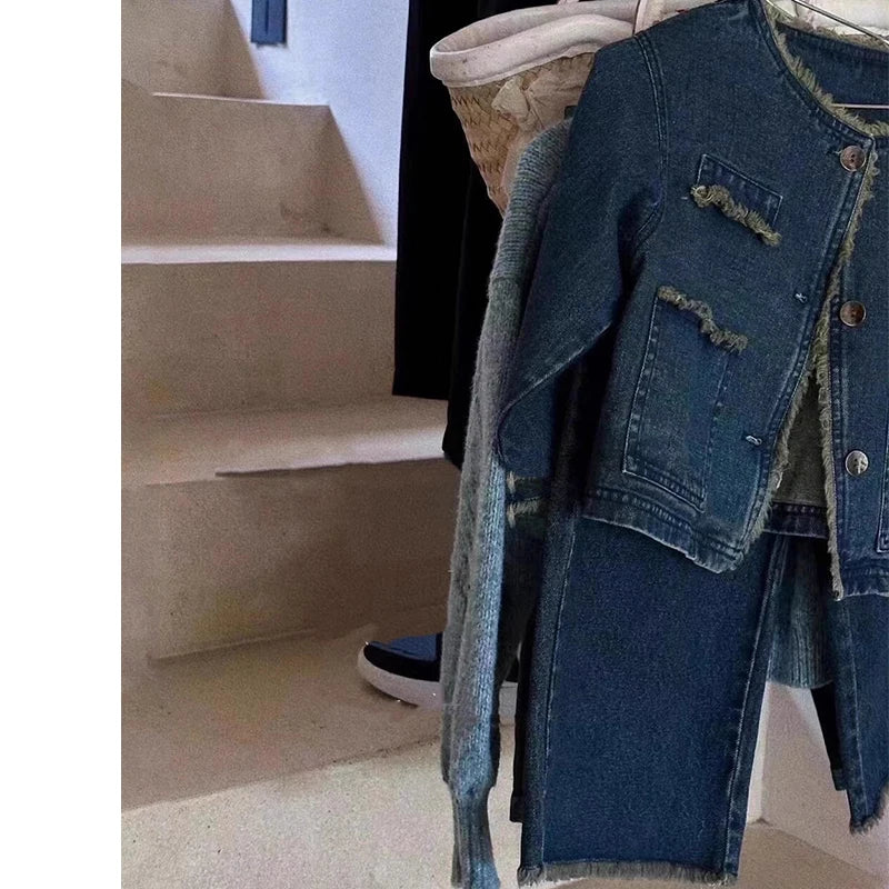 Girls' Denim Set Washed Tassel Vintage Coat+ Loose Pants 2023 Spring And Autumn New Fashion Kids Outfit Casual Clothing Set
