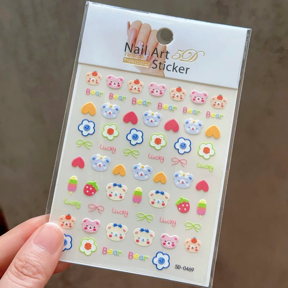 1PC 5D Macaron Flower/Fruit Nail Charms Sticker Embossed Bear/Rabbit/Letter Nails Slider Decals Summer Adhesive Manicure Decor&Y