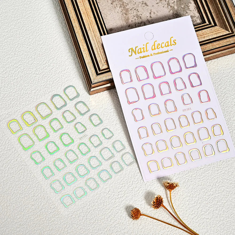 1Pc 3D Gold Hollow Irregular Geometric Nail Stickers Holo Metal Frame Gold/Silver Decals Square Self Adhesive Sliders Nail Deco