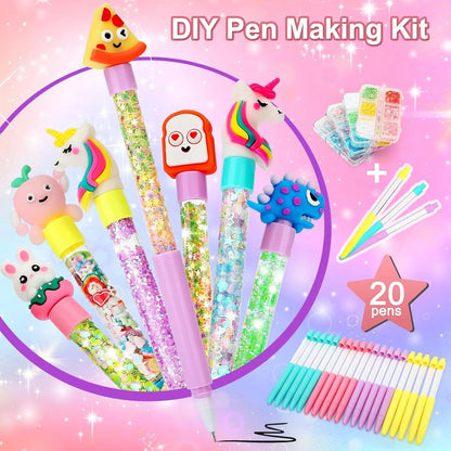 DIY Glitter Pen Making Kit Kids Craft Supplies 80+ Pieces Handmade Art Set Make 16 Pens Cartoon Decor Birthday Gift for Girls Bo