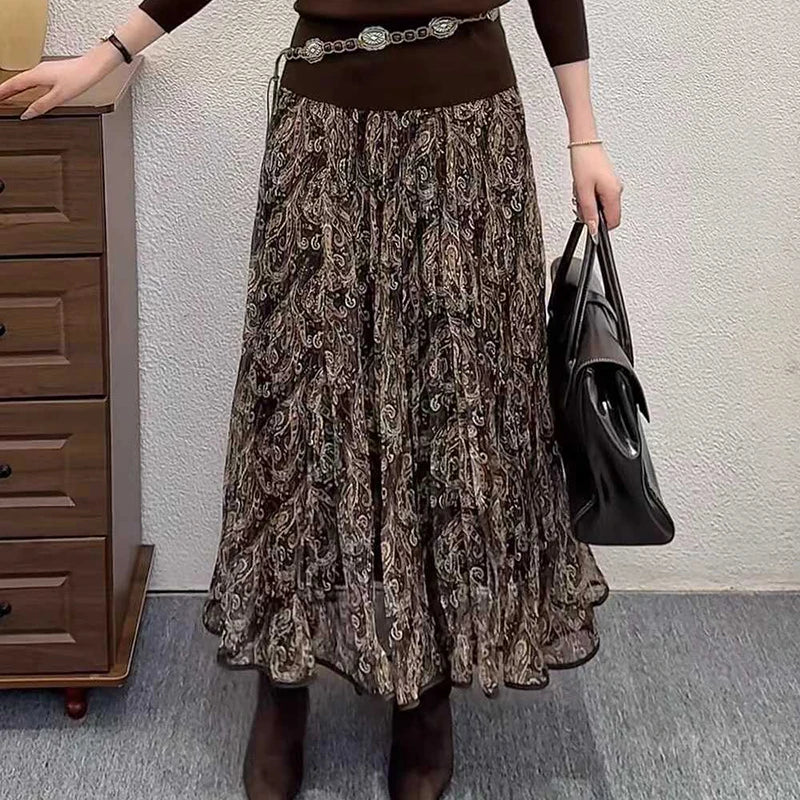 High Waisted Printed Vintage Long Skirts Women Korean Loose Pleated A Line Mesh Skirt Woman Big Hem Mid Length Tulle Skirts