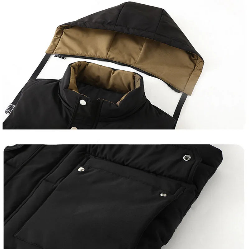 2024 Autumn Winter Men Thicken Cotton Waistcoat Sleeveless Vests Jackets Warm Detachable Hat Outerwear Male Zipper Hooded Coats