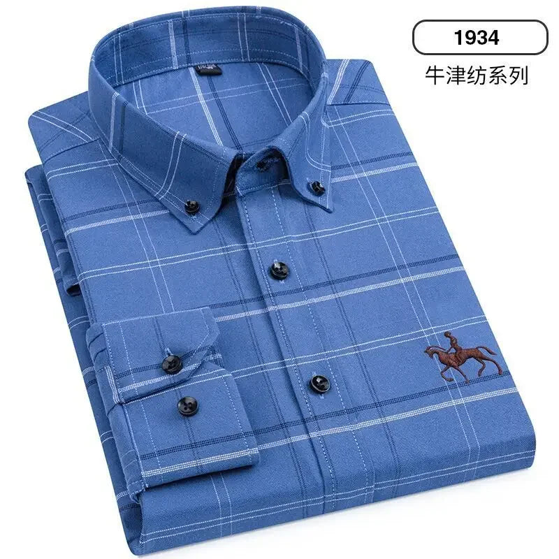 Casual cotton men's shirt slim fit horse logo bottom inch shirt Oxford spinning long sleeved striped shirt