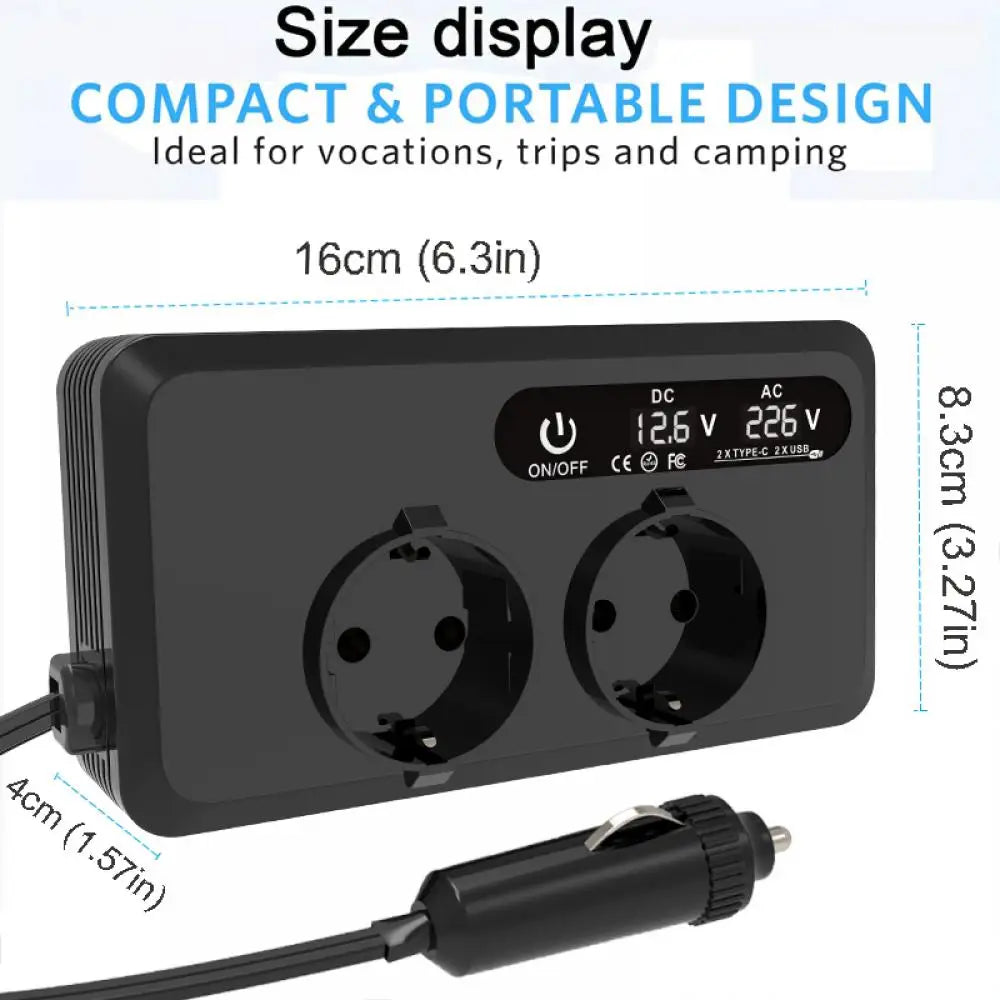 200W Car Power Inverter 12V DC To 220V AC With Dual EU Outlets, Dual USB, Dual Type-C Ports, LCD Display