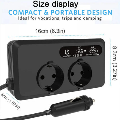 200W Car Power Inverter 12V DC To 220V AC With Dual EU Outlets, Dual USB, Dual Type-C Ports, LCD Display