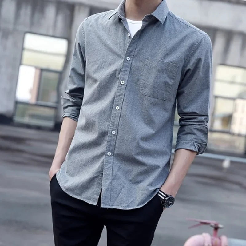 Classic Fit Cotton Full Casual Shirts for Men Solid Color Long-Sleeve Plain Shirt Single Pocket Top Soft Slim Fit Formal Clothes