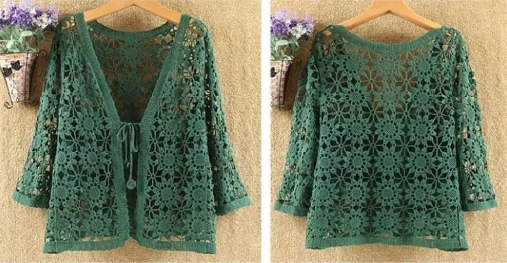 Elegant Summer Hollow Lace Cardigan Sweater Women Wide Loose Floral Knitted Sweater Thin Section Female Spring Autumn Cardigan