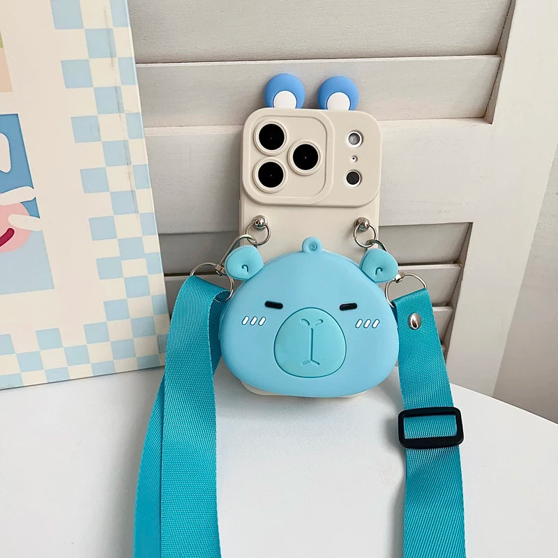 For iPhone 17 16 15 14 13 12 11 XR Xs 6 6s 7 8 SE Pro Max mini Plus e Capybara head Wallet Case With Accessories