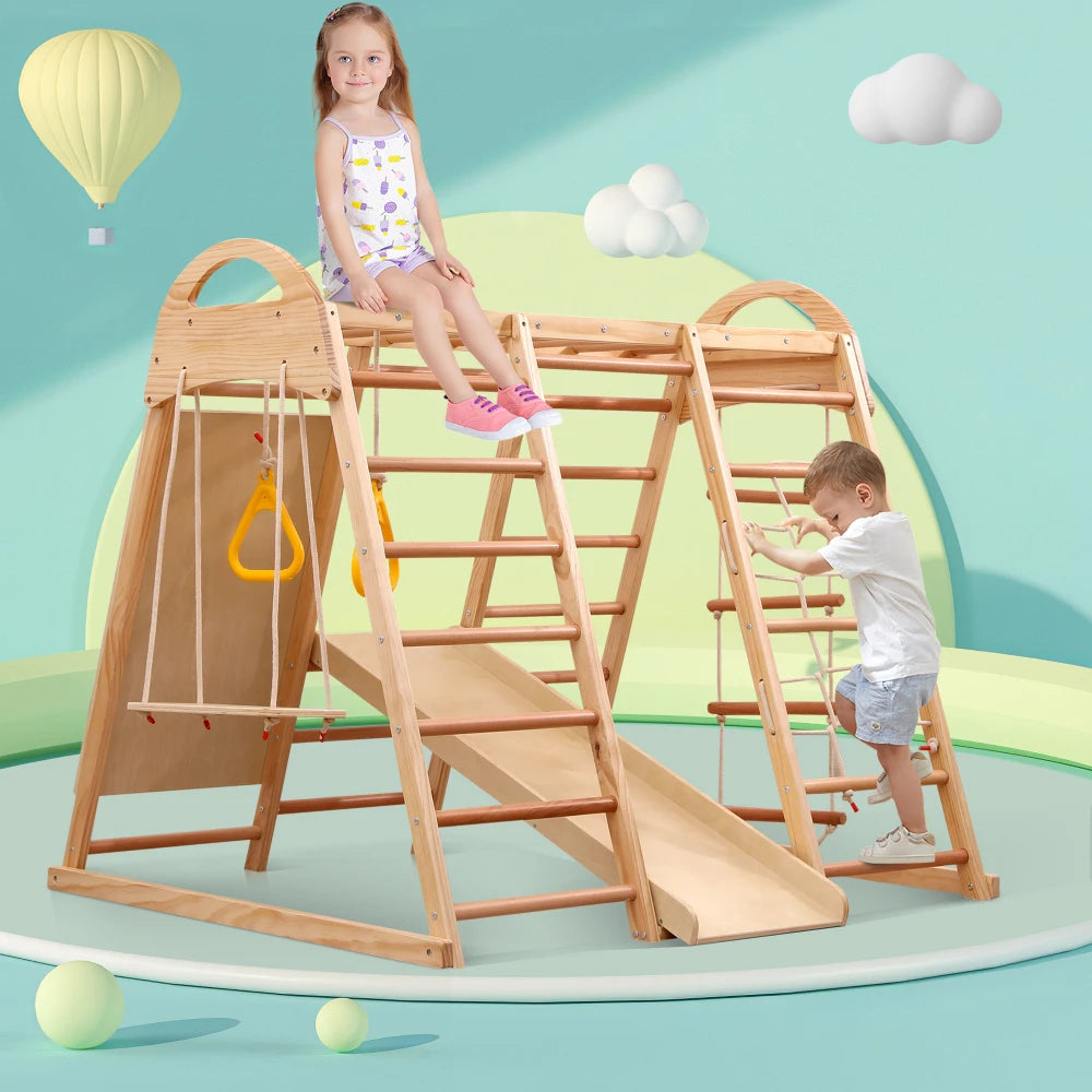 7-in-1 Climbing Scaffold, Include Swing, Swing Rings, Climbing Ladder, Climbing Board, Climbing Net, Slide, for Children's Room