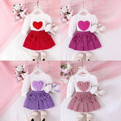 0-3Y Baby Girl Outfit Set 2pcs Puffy Sleeve Heart Shape Top and Corduroy Skirts Valentines Day Sweet Toddler Kids Clothes Girls