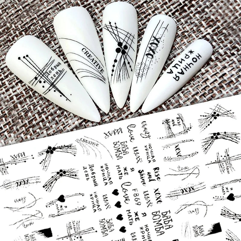 Black and White Love Flowers Line Art 3D Stickers Nail Decals Nail Art Accessories Butterfly Rose Nail Stickers Nail Sliders