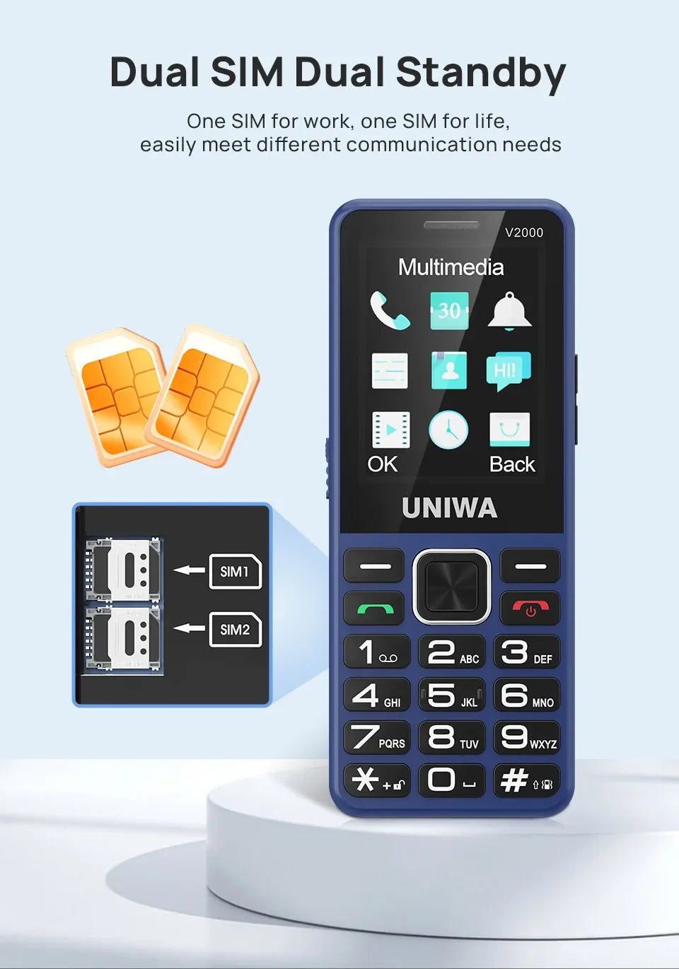UNIWA V2000 4G VoLTE Keypad Phone 2.4 Inch Big Button Loud Volume Dual SlM 1700mAh Russia Hebrew Keyboard Feature Phones Elderly