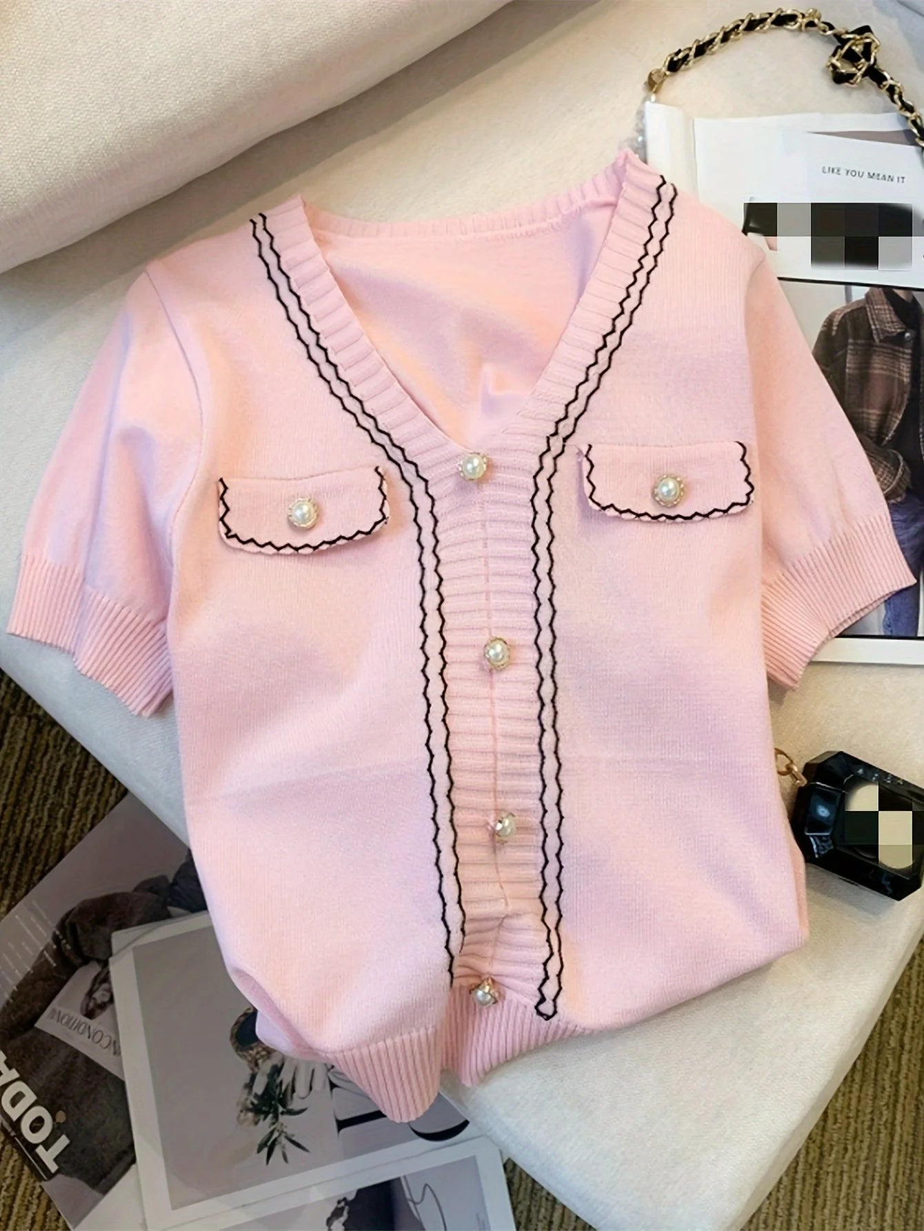 Women'S Casual Summer Top Pink Knit V-Neck with Button Details All-Season Style Casual Wear Vneck Top Knit Texture Crop Top