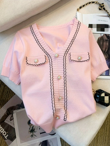 Women'S Casual Summer Top Pink Knit V-Neck with Button Details All-Season Style Casual Wear Vneck Top Knit Texture Crop Top