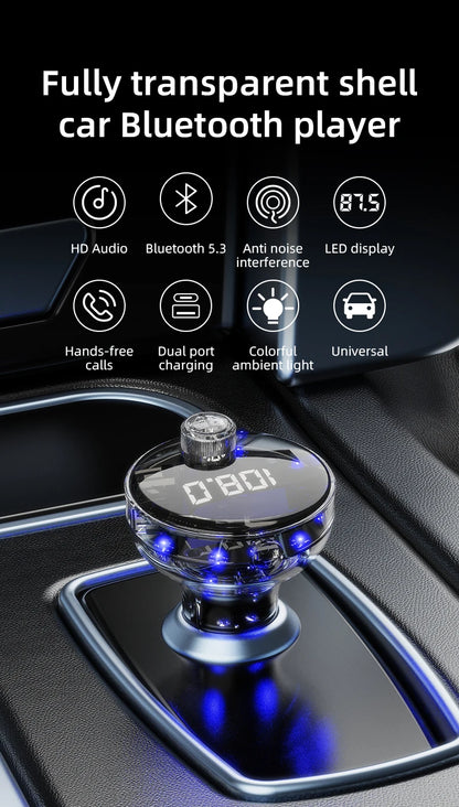 Transparent Car Bluetooth 5.4 FM Transmitter Handsfree Wireless Car Kit Colorful Light Car Charger Mp3 Player FM Modulator