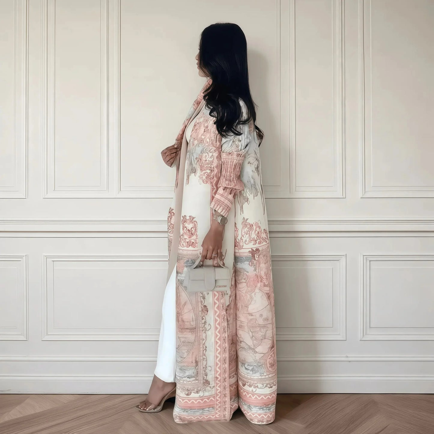 Autumn Women's Long Coat, Retro Printed Long Sleeved Muslim Abaya Saudi Fashion Wrinkled Waist Belt