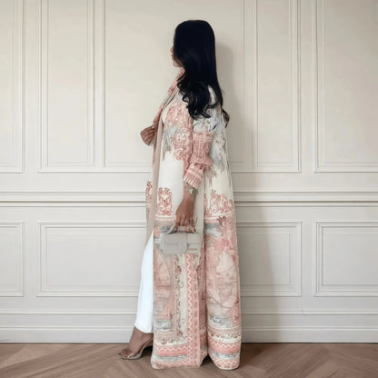 Autumn Women's Long Coat, Retro Printed Long Sleeved Muslim Abaya Saudi Fashion Wrinkled Waist Belt
