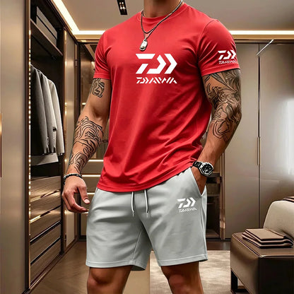 2026 Summer Men's Short Sleeved T-shirt Drawstring Shorts Set Breathable Outdoor Sports Set Men's Daily Fishing Suit