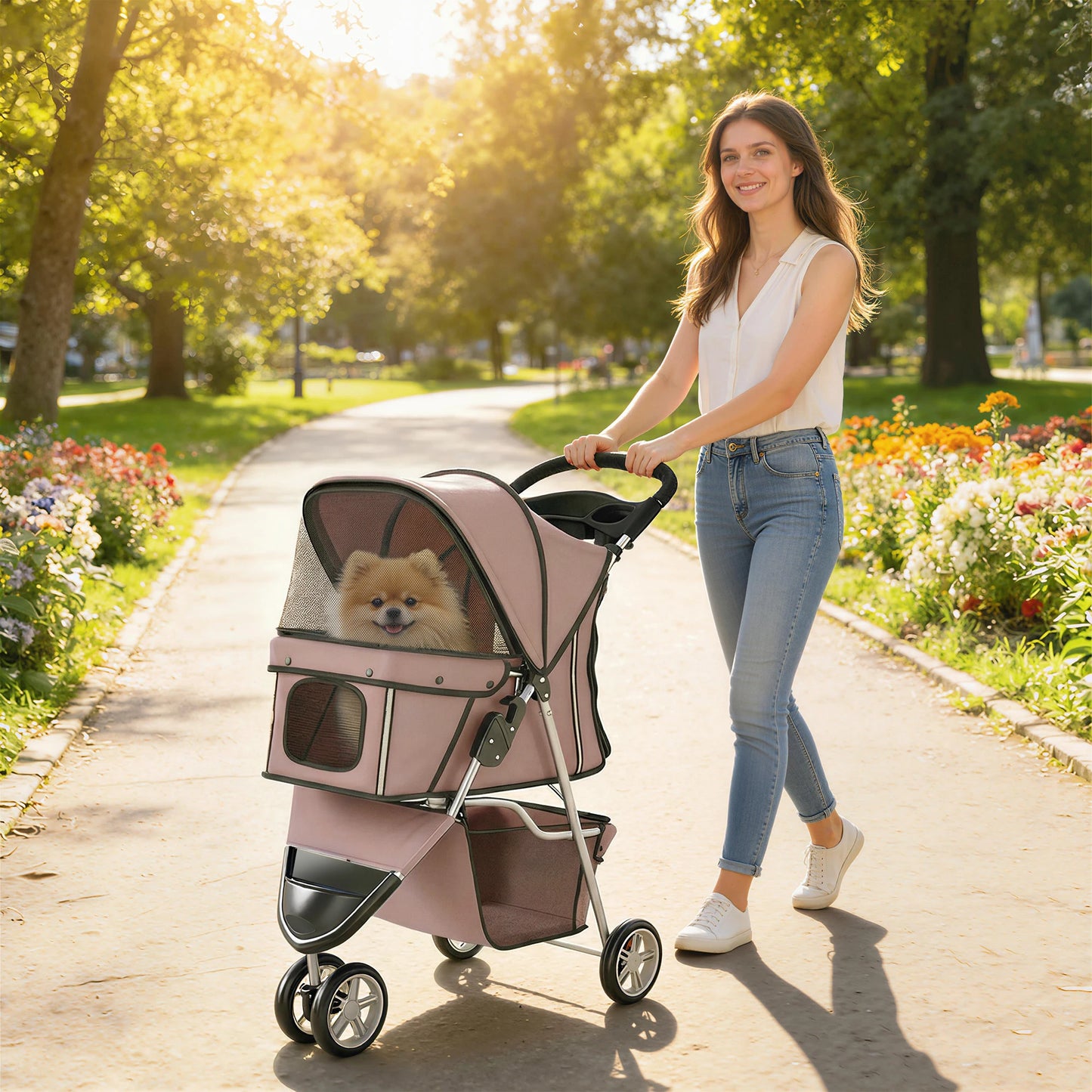 Dog Stroller Foldable Pet Stroller with Adjustable Canopy, Breathable Mesh Windows, Storage Basket, Cup Holder and Rear Brake, Lightweight Travel Carrier Pushchair for Small Dogs, Cats and Mini Breeds, Coffee