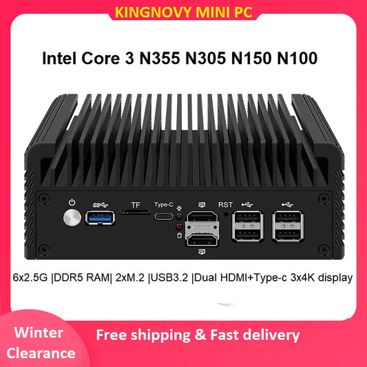 Intel Core 3 N355 Firewall Mini PC N305 N150 N100 6x i226-V 2.5G Lan Fanless mini computer DDR5 2xNVMe 1xSATA3.0 Type-C pfSense