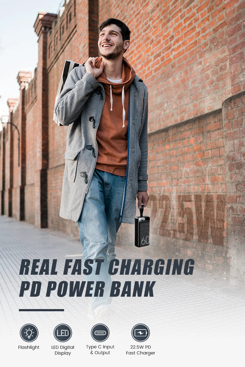 hganus 60000mAh Power Bank QC PD3.0 22.5W Fast Charging Powerbank Portable Charger External Battery For iPad iPhone Xiaomi