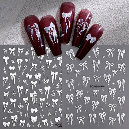 1pcs 5D White Lace Bowknot Nail Art Sticker Sweet Pearl  Bow Ribbon Self-Adhesive Nail Slider DIY Luxury Nail Decorations Decals