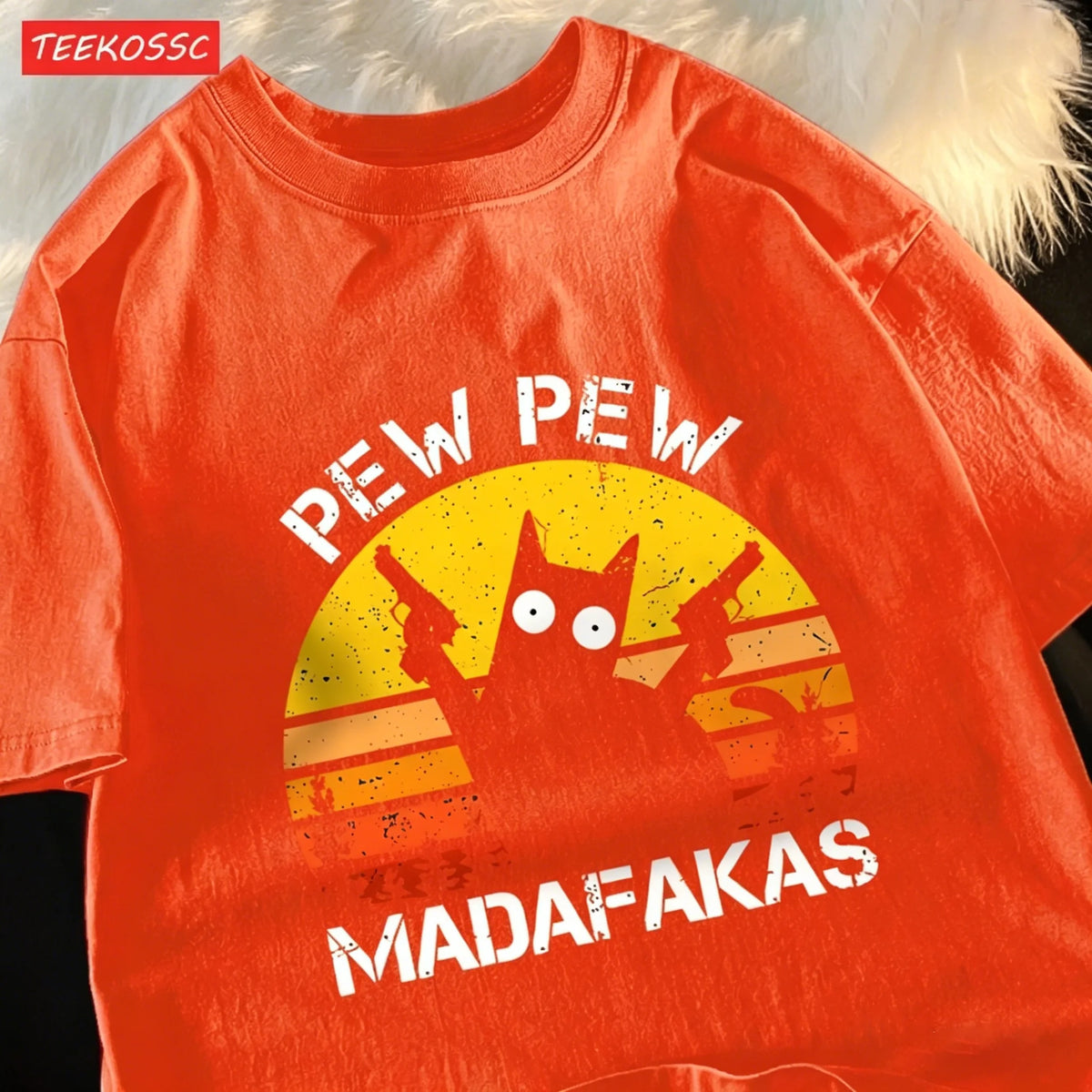 Pew Pew Madafakas Cat With Two Guns T-Shirts Man Street Summer Short Sleeve Harajuku Cotton Tshirt Oversized Breathable Tops
