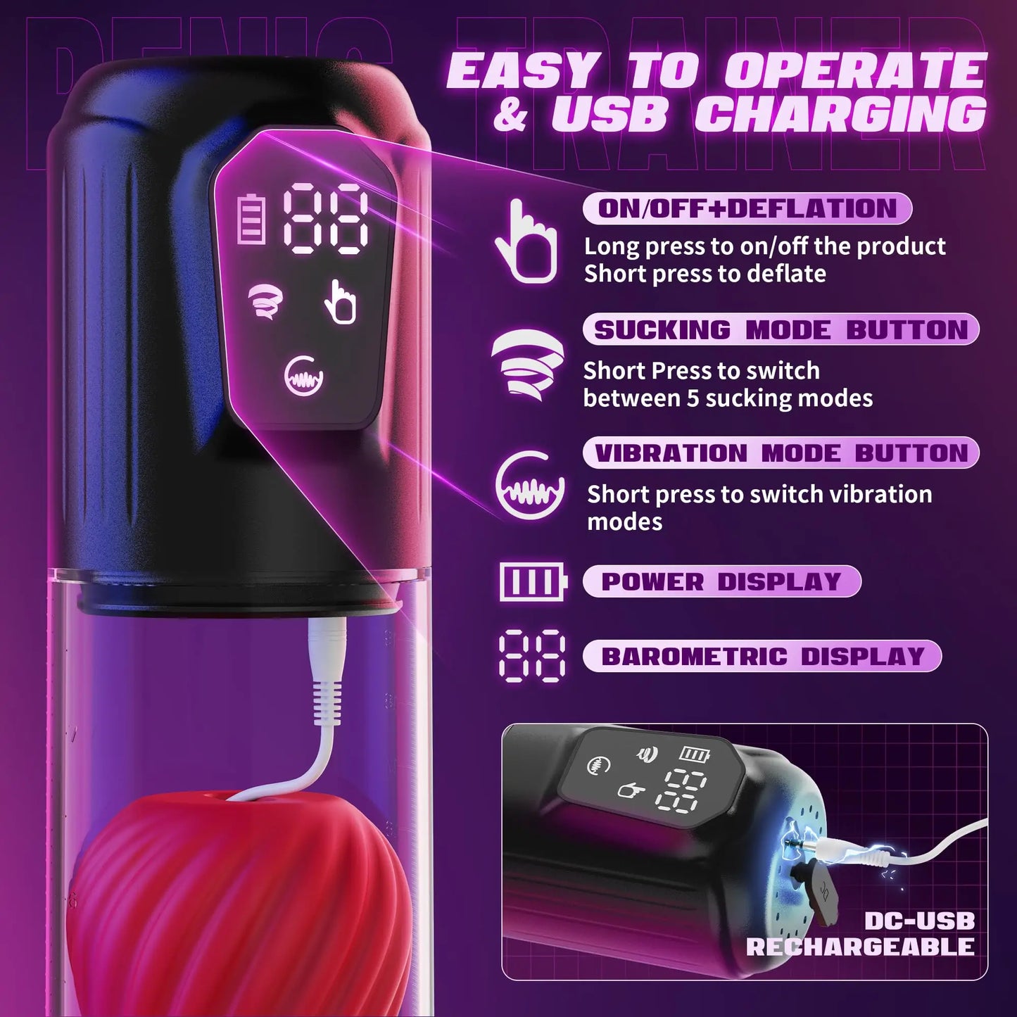 IPX7 Waterproof Electric Penis Pump for Enlargement Man Vacuum Pump Enlargement Extend Pump 4 Suction Levels 2 Silicone Sleeves