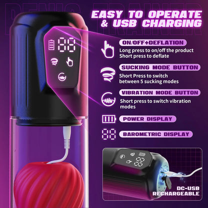 IPX7 Waterproof Electric Penis Pump for Enlargement Man Vacuum Pump Enlargement Extend Pump 4 Suction Levels 2 Silicone Sleeves