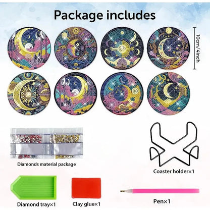 8pcs/Set DIY Diamond Painting Coasters with Holder Anti Slip Wood Drip Mats Crystal Rhinestones Diamond Art Coasters for Adults