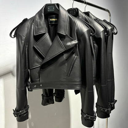 YOLOAgain Wide Shoulder Real Leather Jacket Women Oversized Genuine Leather Cropped Jacket