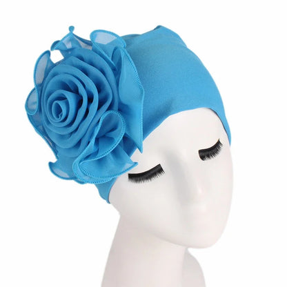 Fashion Women Big Flower Turban Hat Solid Color Elastic Cloth Head Cap Muslim Head Wraps Caps Lady Bandana Hair Accessories