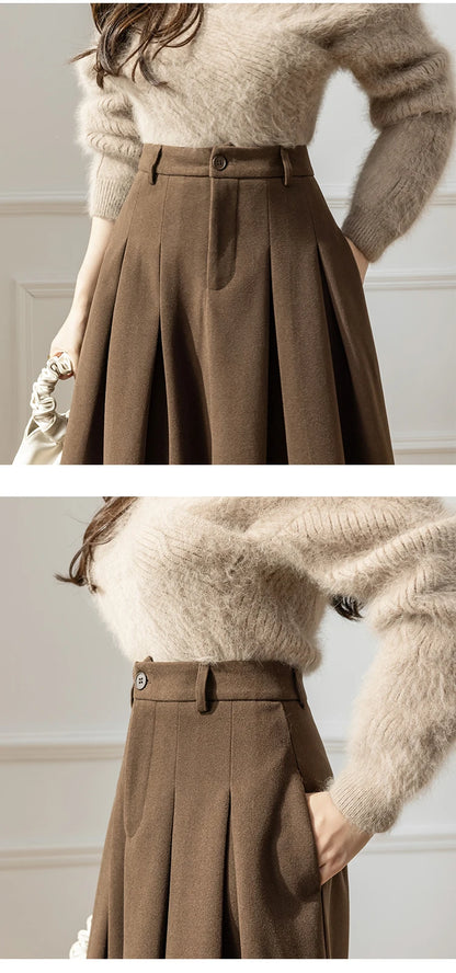 Vintage Winter Woolen Long Skirts For Women Streetwear High Waist Pleated Maxi Skirt Big Swing Folds A-Line Jupe Longues Femme